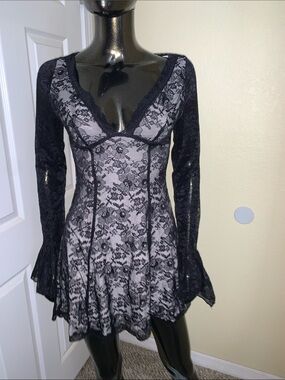 Dolls Kill Current Mood Black Lace Long Sleeve Mini Dress, Size Small, NWT